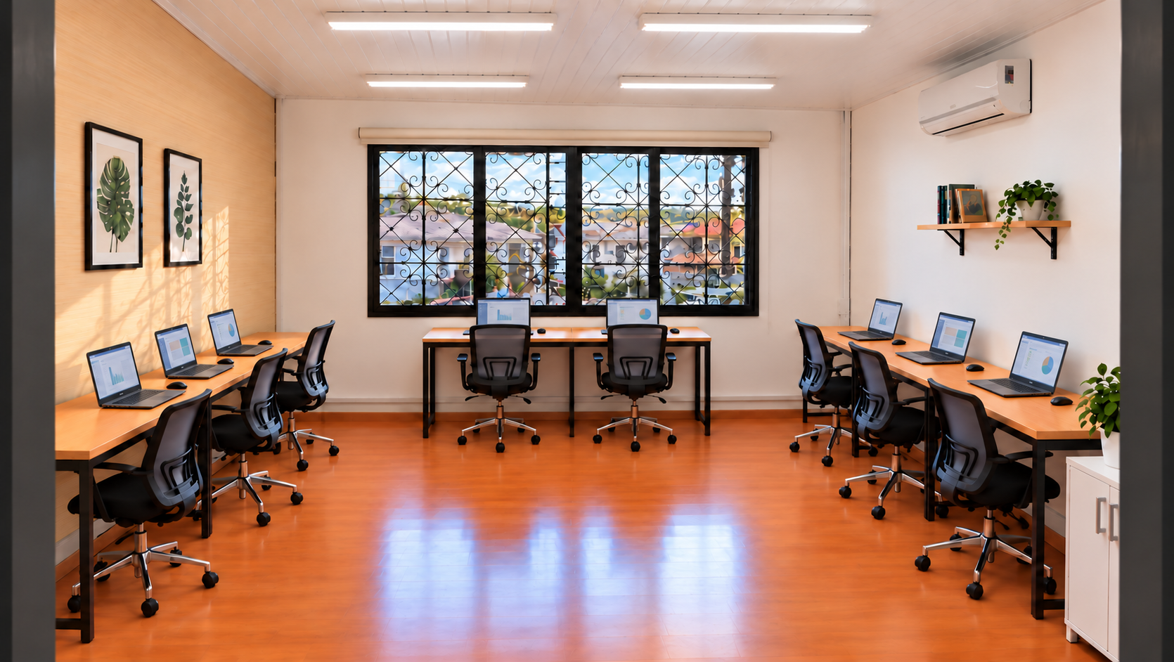 Projeto da sala principal sem pessoas, com oito postos de trabalho, moldura da porta cinza e revestimento amadeirado claro